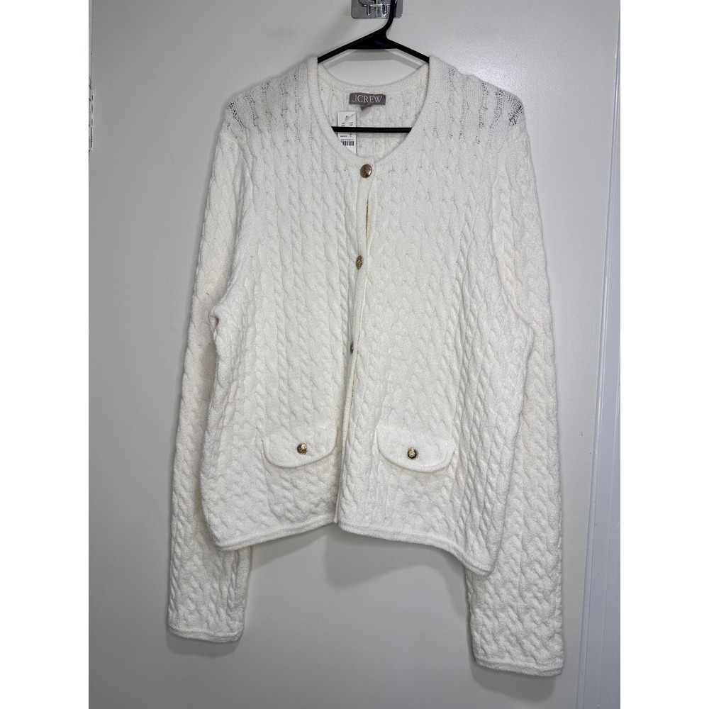 NWT J.Crew Preppy Lady Cardigan Sweater Sz:XL Ivory Gold Button Cable Knit